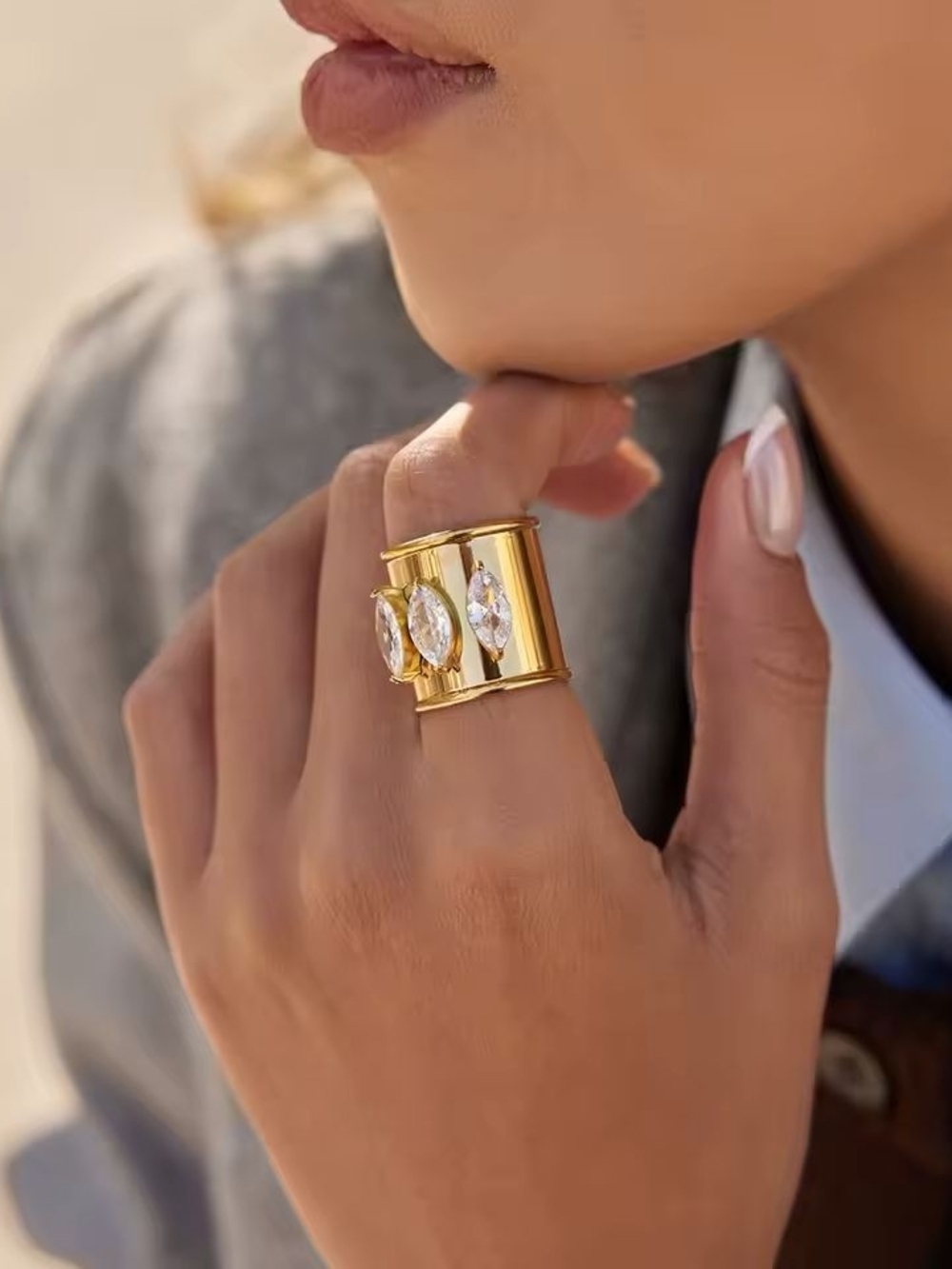 Flexible Gold Wide Ring with Clear Marquise Stones - Picture 1 of 7